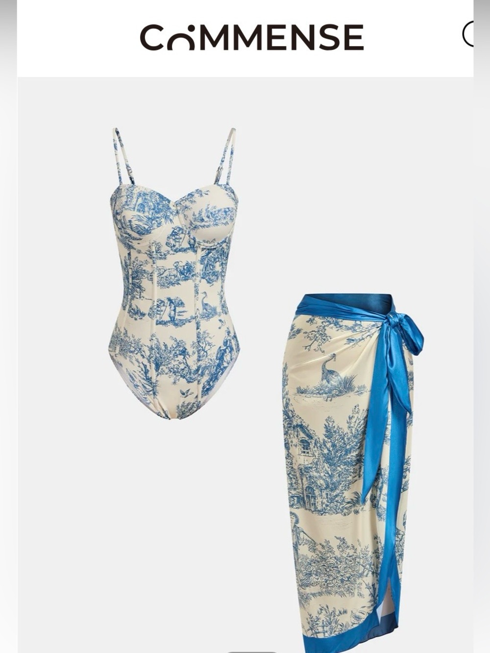 Commense Blue and Cream Toile Bustier Swimsuit with Sarong Tie